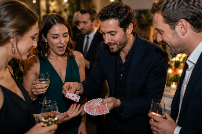 Magicien réalisant un tour de close-up devant des invités réunis lors d'une réception élégante