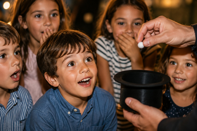 enfants fascinés par un tour de magie, concentrés sur un petit détail qui capte toute leur attention