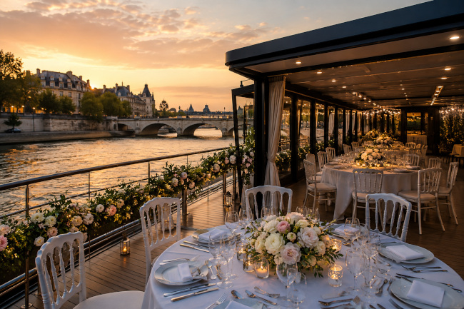 Réception de mariage élégamment décorée sur une péniche naviguant au coucher du soleil