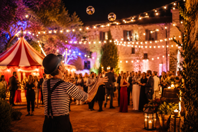 Événement festif en plein air avec animation originale devant des invités