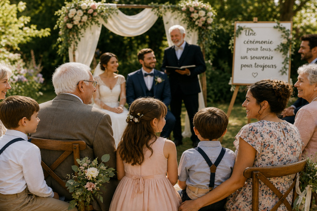 Cérémonie de mariage intergénérationnelle en plein air avec enfants, adultes
