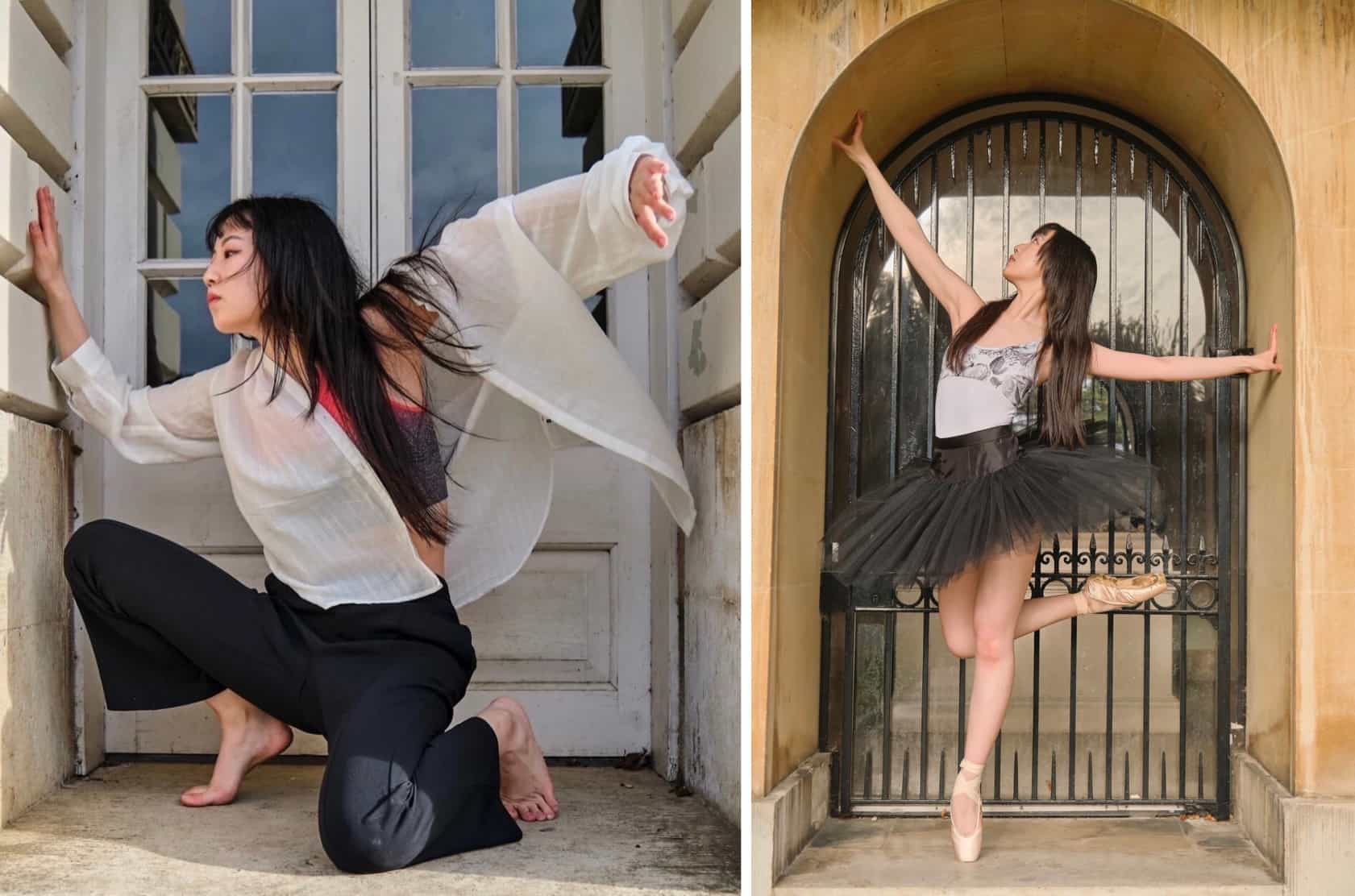 Riko Saito en pose de danse contemporaine accroupie et Riko Saito en pointe de ballet gracieuse.