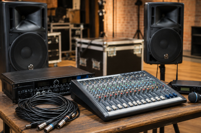 Table de mixage, enceintes et matériel de sonorisation pour spectacle et événement